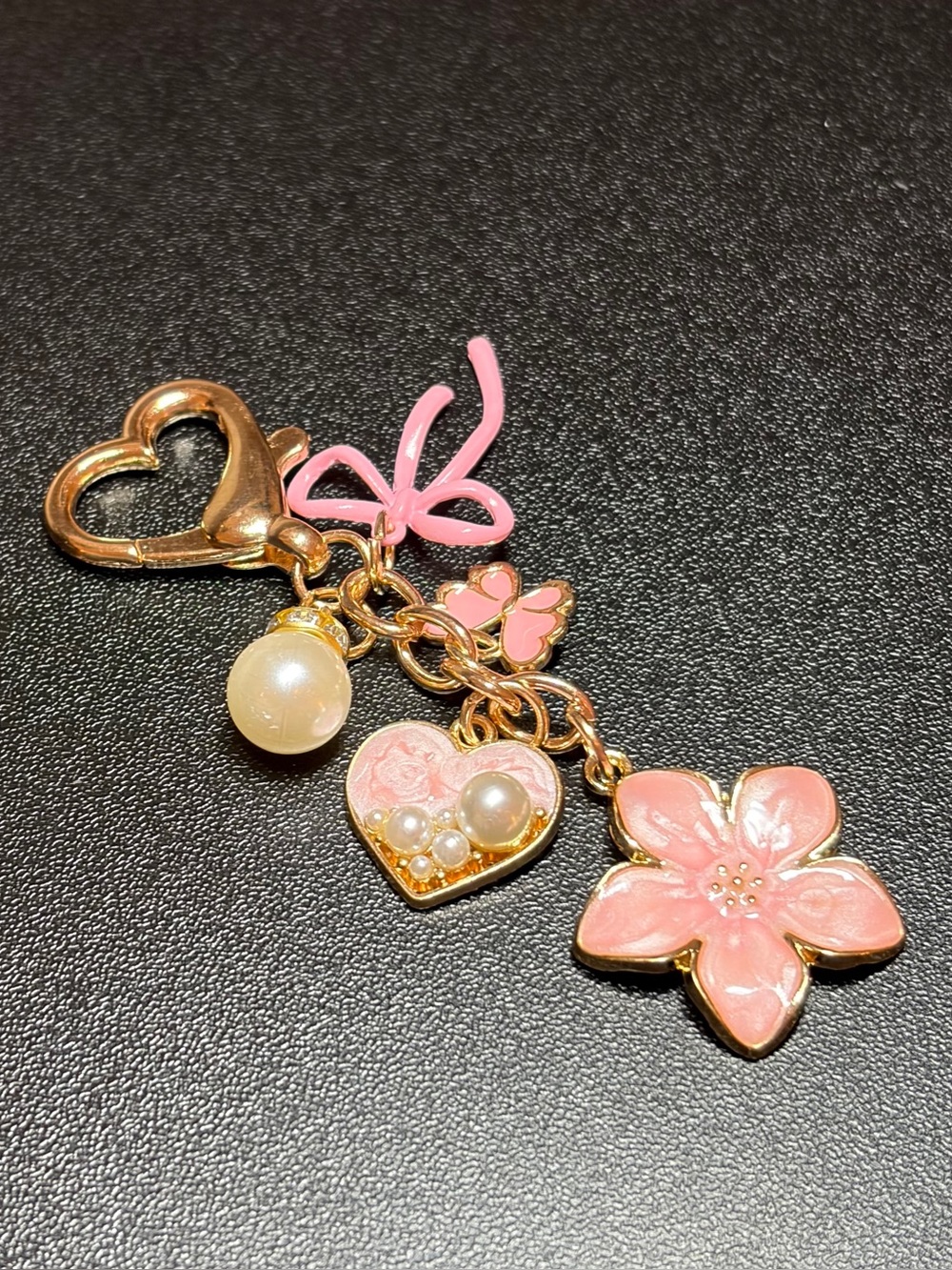 Pink Floral Heart Bow Bag Charm